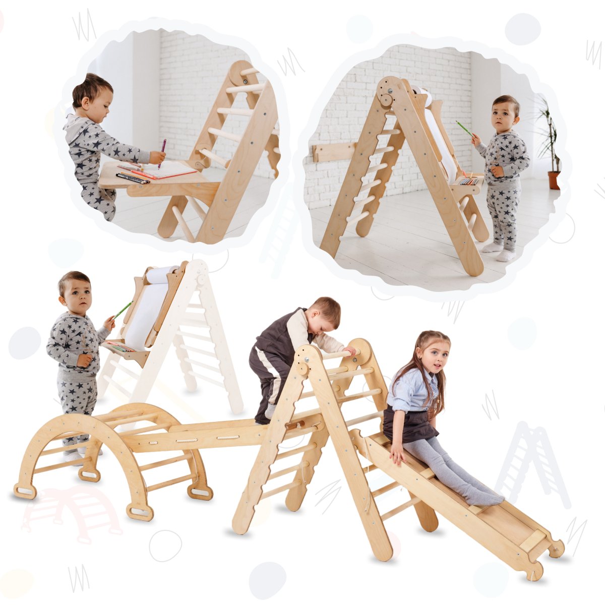 5in1 Montessori Climbing Frame: Triangle Ladder + Slide Board+ Climbing Net + Art Add-on-0