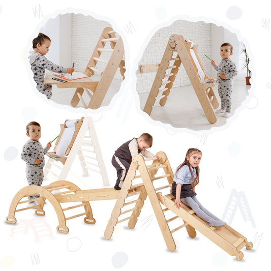 5in1 Montessori Climbing Frame: Triangle Ladder + Slide Board+ Climbing Net + Art Add-on-0