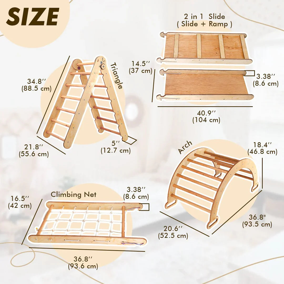 5in1 Montessori Climbing Frame: Triangle Ladder + Slide Board+ Climbing Net + Art Add-on-1