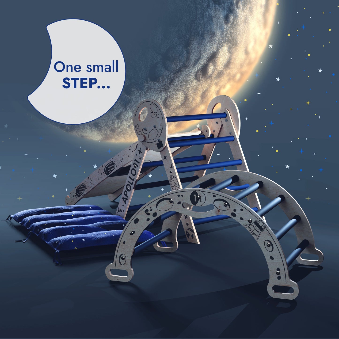 Apollo 4in1 Climbing Set: Pikler Triangle, Arch, Slide Board, and Cushion for Little Toddlers Astronauts-3