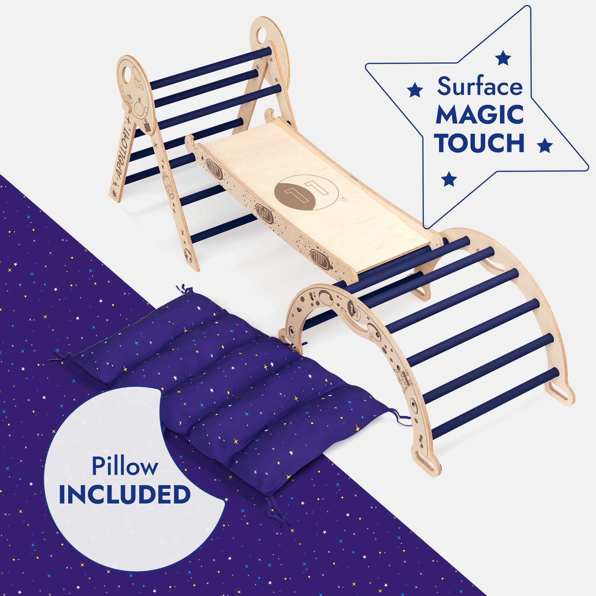 Apollo 4in1 Climbing Set:  Pikler Triangle, Arch, Slide Board, and Cushion for Little Toddlers Astronauts-1