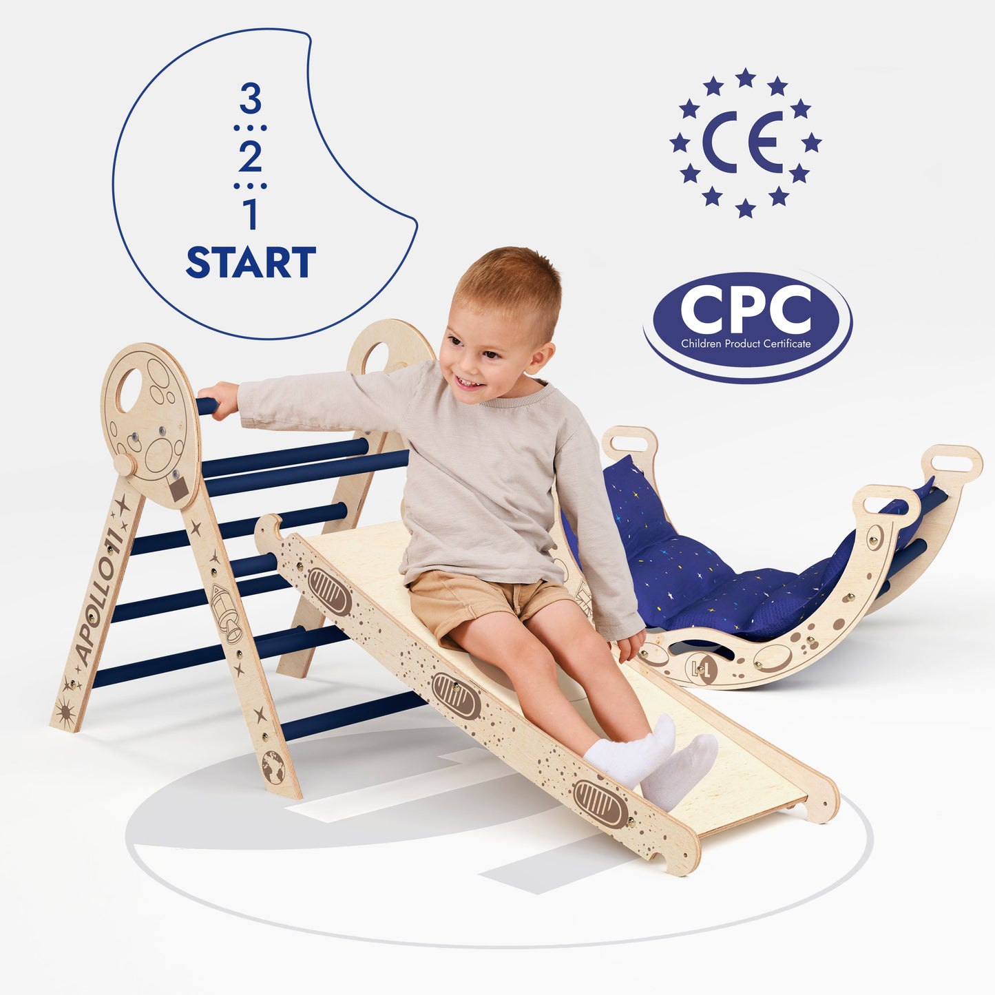 Apollo 4in1 Climbing Set: Pikler Triangle, Arch, Slide Board, and Cushion for Little Toddlers Astronauts-4