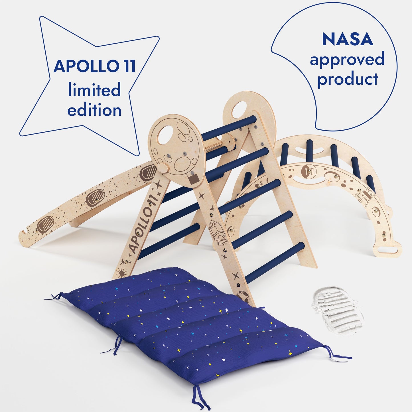Apollo 4in1 Climbing Set: Pikler Triangle, Arch, Slide Board, and Cushion for Little Toddlers Astronauts-2