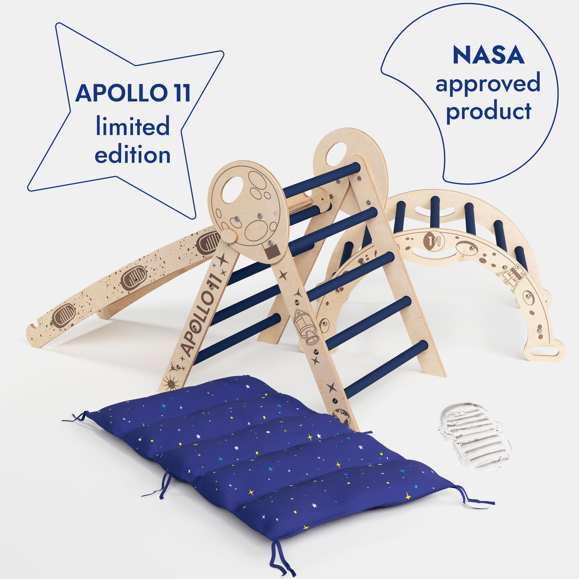 Apollo 4in1 Climbing Set:  Pikler Triangle, Arch, Slide Board, and Cushion for Little Toddlers Astronauts-2