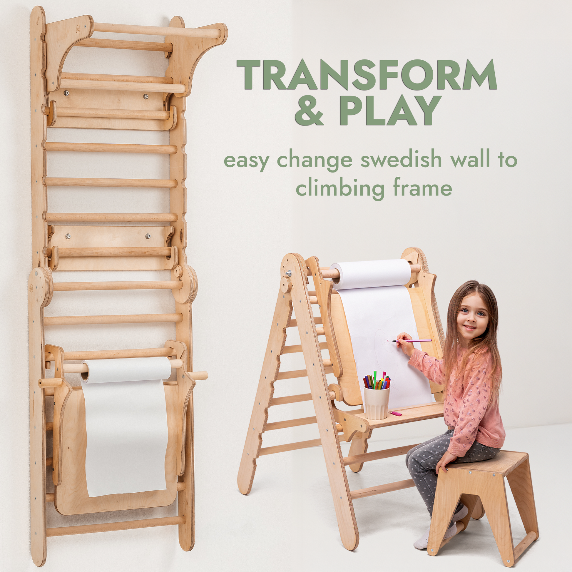 5in1 Swedish Ladder for Kids – Transforms into Pikler Triangle, Slide, Swing & Art Add-on-3