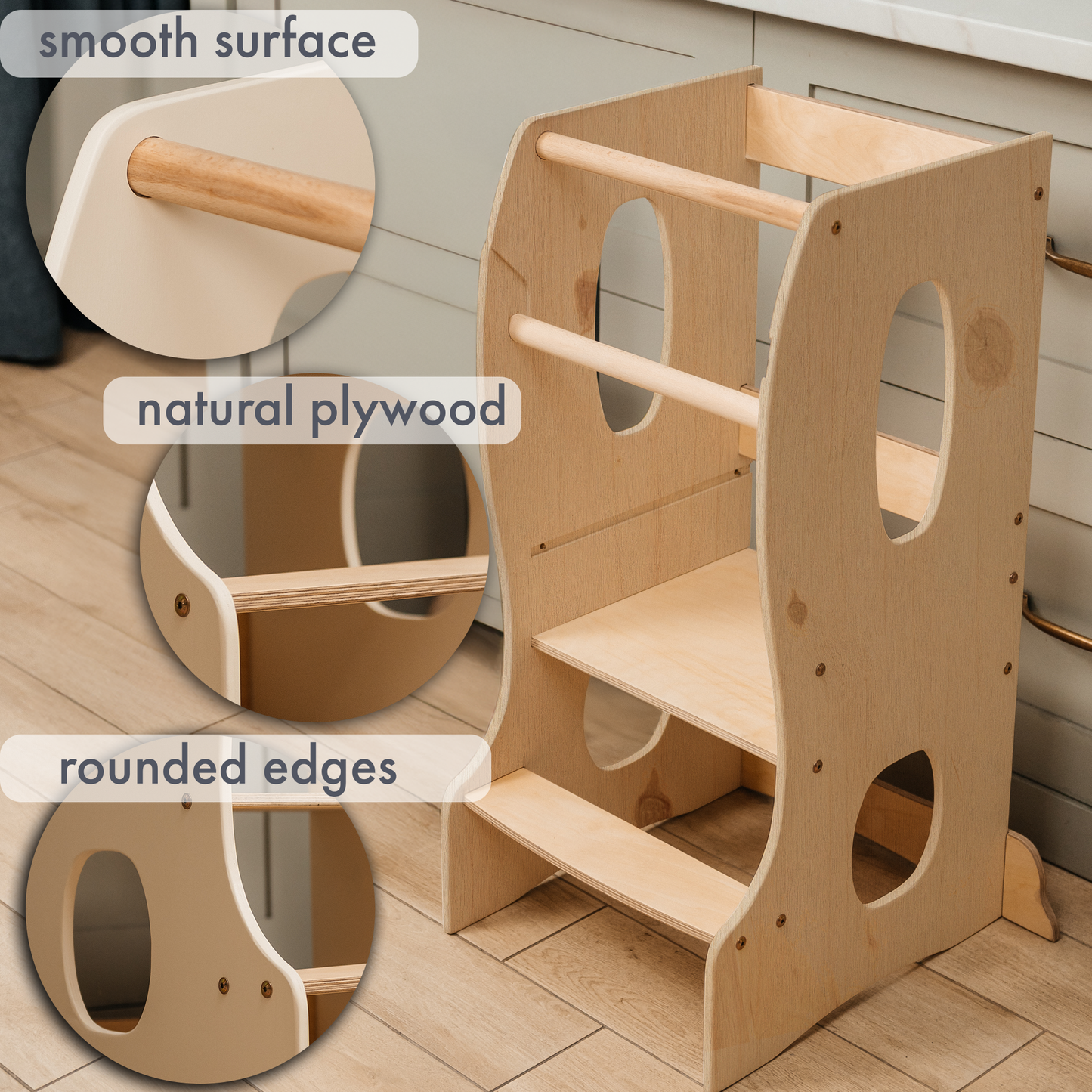 Stable Montessori Learning Tower: Wooden Growing Chair - Beige-2