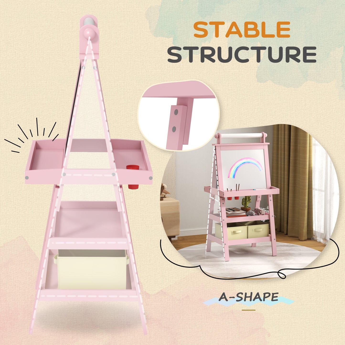 AIYAPLAY 3 in 1 Kids Easel Double-Sided Magnetic Whiteboard and Chalkboard with Paper Roll, Storage Baskets in Pink-5