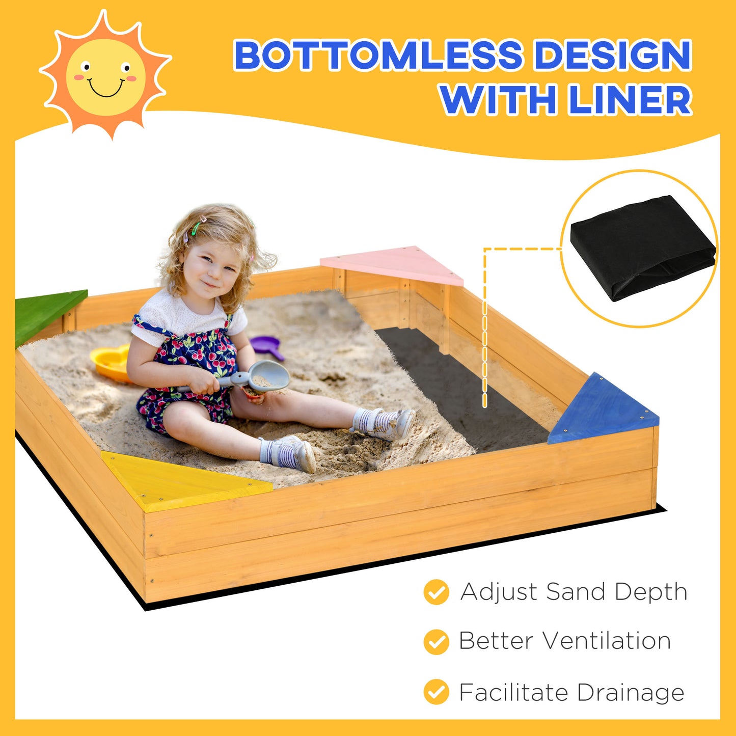Kids Wooden Sand Pit, Children Sandbox, with Four Seats, Non-Woven Fabric, for Gardens, Playgrounds | Outsunny-2