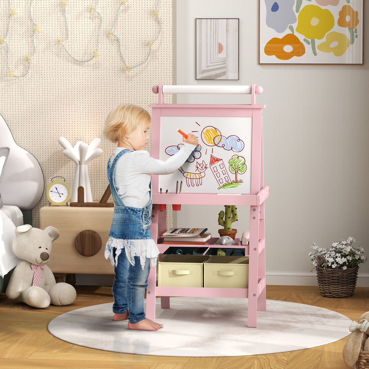 AIYAPLAY 3 in 1 Kids Easel Double-Sided Magnetic Whiteboard and Chalkboard with Paper Roll, Storage Baskets in Pink-8
