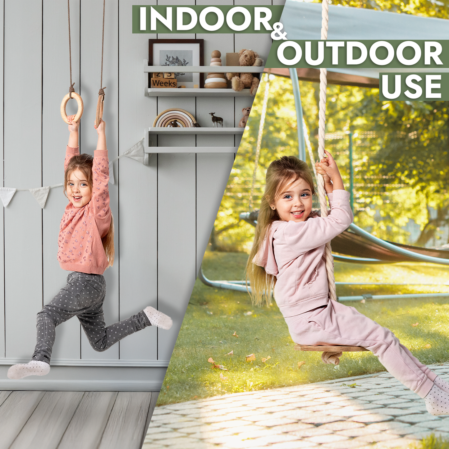3in1 Swing Set: Disc rope swing + Gymnastic rings + Rope ladder-3
