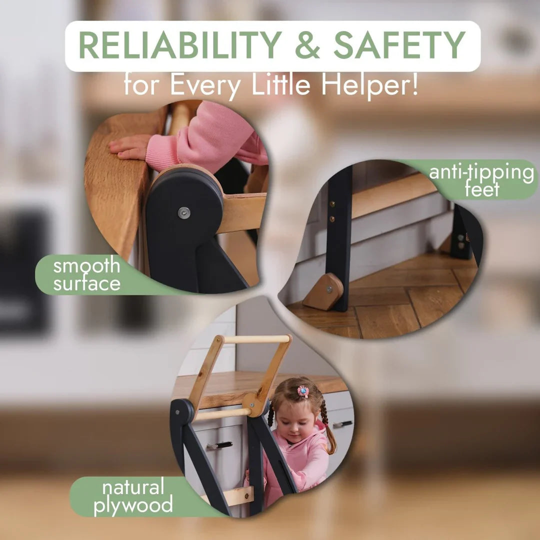 Folding Growing Chair – Montessori Step Stool with Safety Rails for Toddlers – Graphite-2