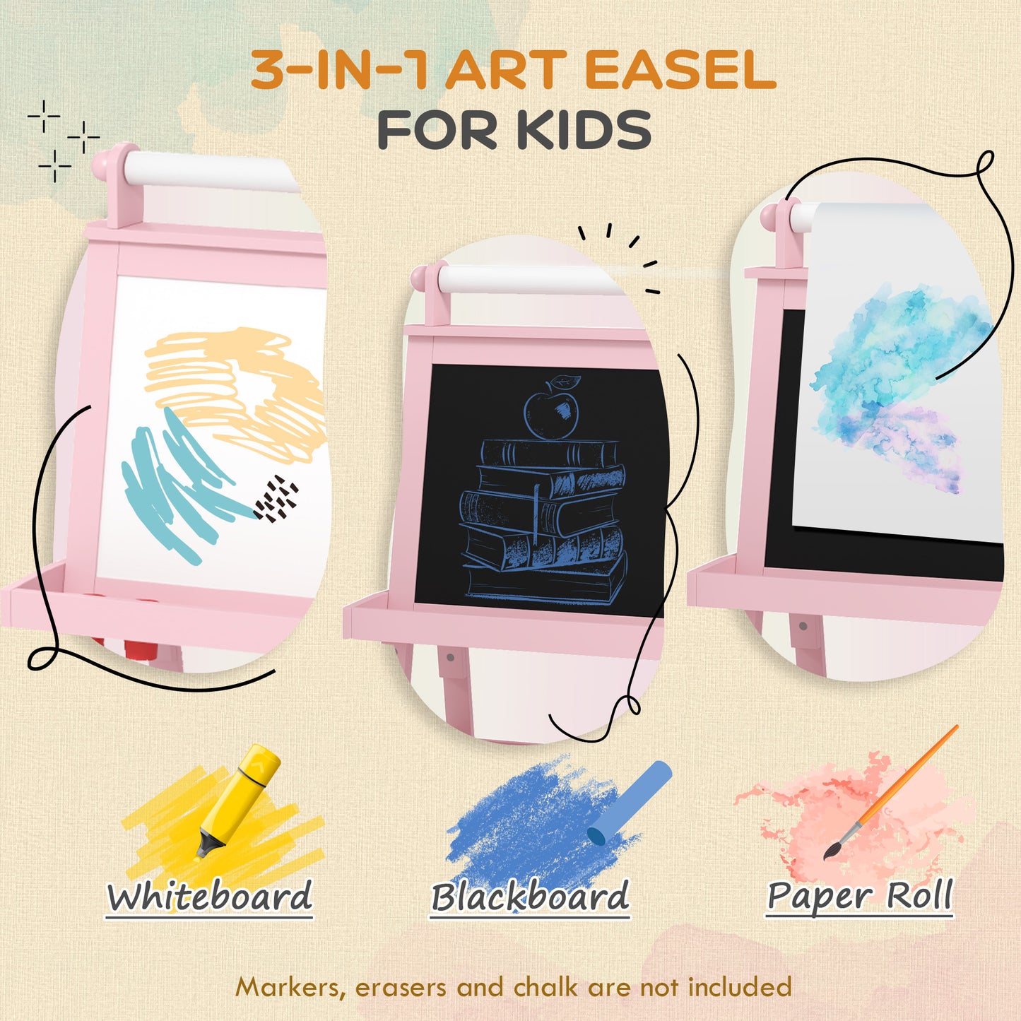 AIYAPLAY 3 in 1 Kids Easel Double-Sided Magnetic Whiteboard and Chalkboard with Paper Roll, Storage Baskets in Pink-2