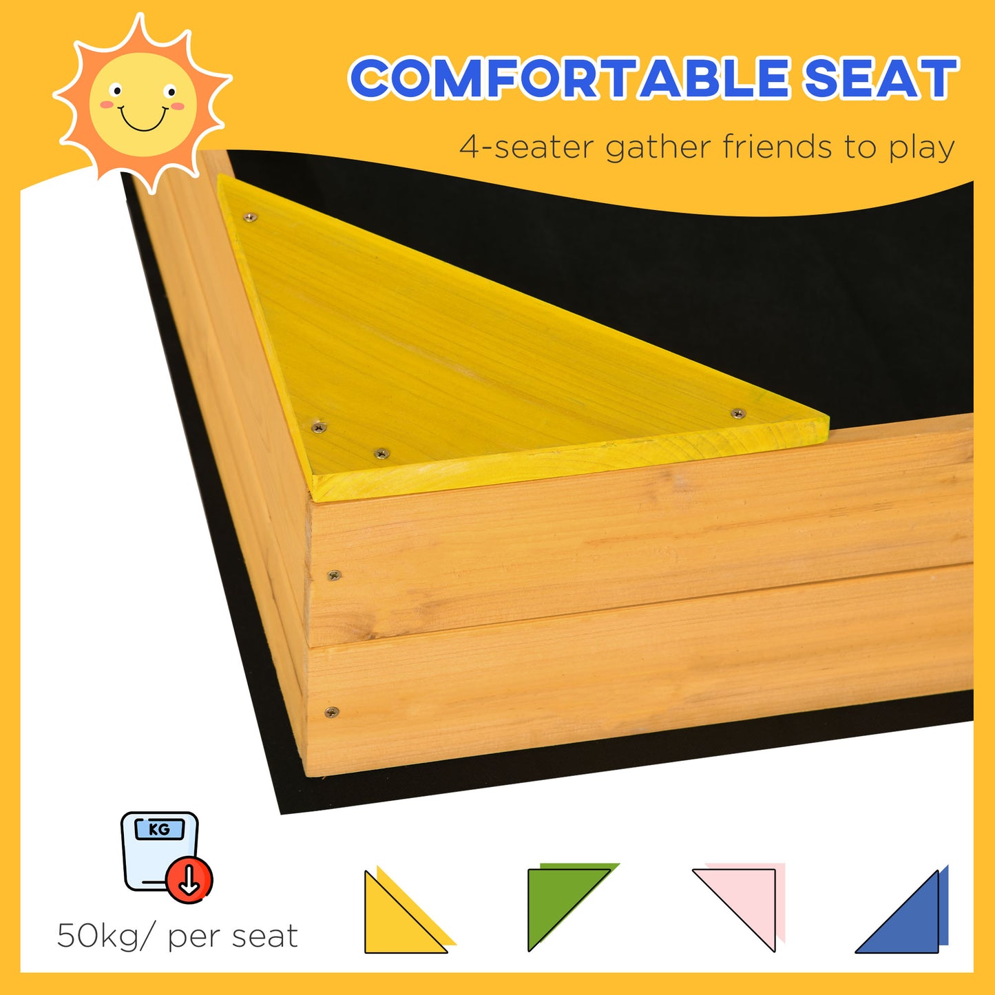 Kids Wooden Sand Pit, Children Sandbox, with Four Seats, Non-Woven Fabric, for Gardens, Playgrounds | Outsunny-3