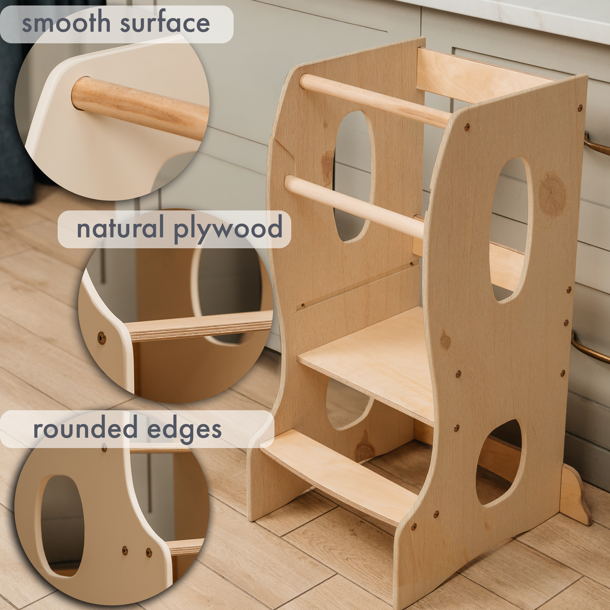 Stable Montessori Learning Tower: Wooden Growing Chair - Beige-2
