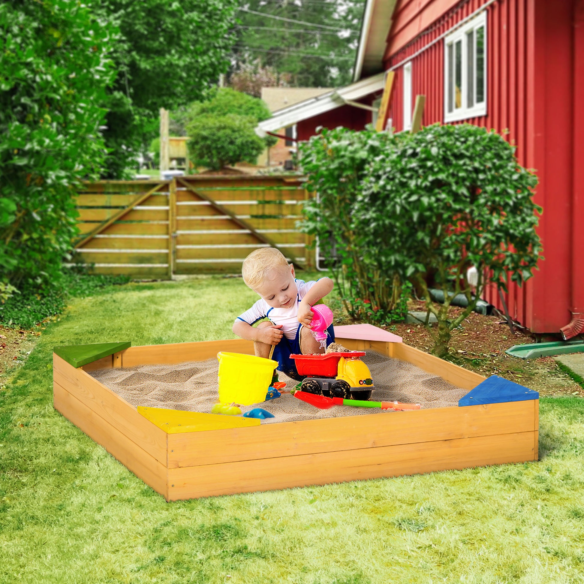 Kids Wooden Sand Pit, Children Sandbox, with Four Seats, Non-Woven Fabric, for Gardens, Playgrounds | Outsunny-8