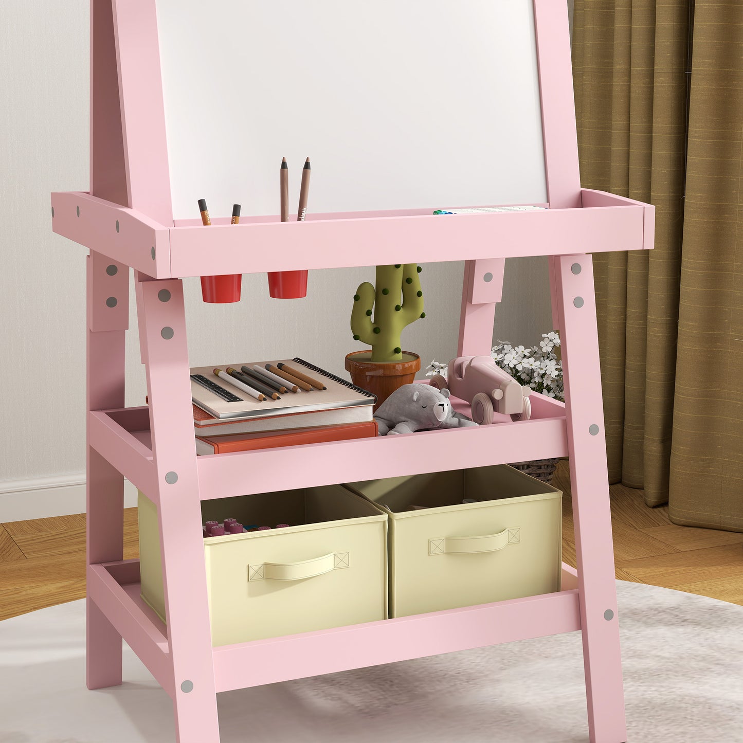 AIYAPLAY 3 in 1 Kids Easel Double-Sided Magnetic Whiteboard and Chalkboard with Paper Roll, Storage Baskets in Pink-6