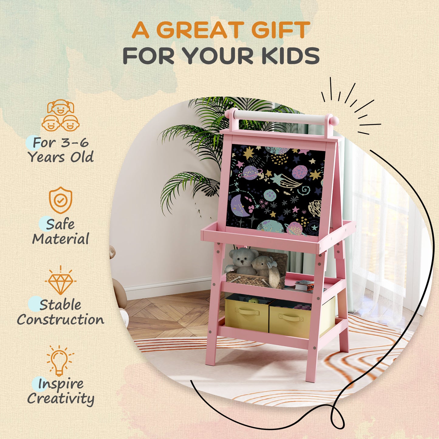 AIYAPLAY 3 in 1 Kids Easel Double-Sided Magnetic Whiteboard and Chalkboard with Paper Roll, Storage Baskets in Pink-4